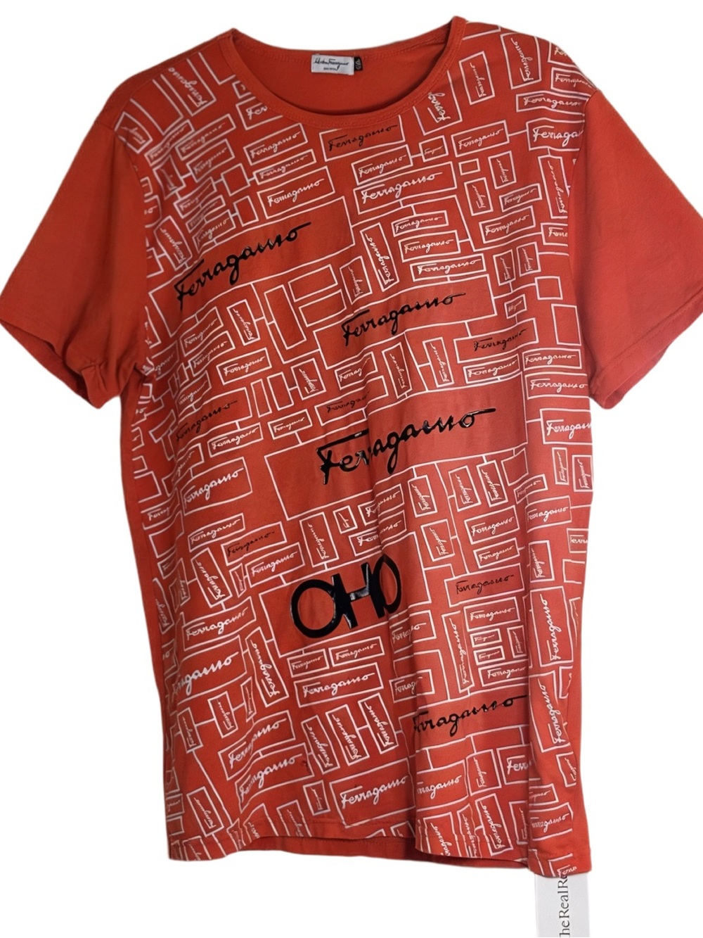 Salvatore Ferragamo Orange Brick Logo Geometric Print Tee Shirt 3XL NWT